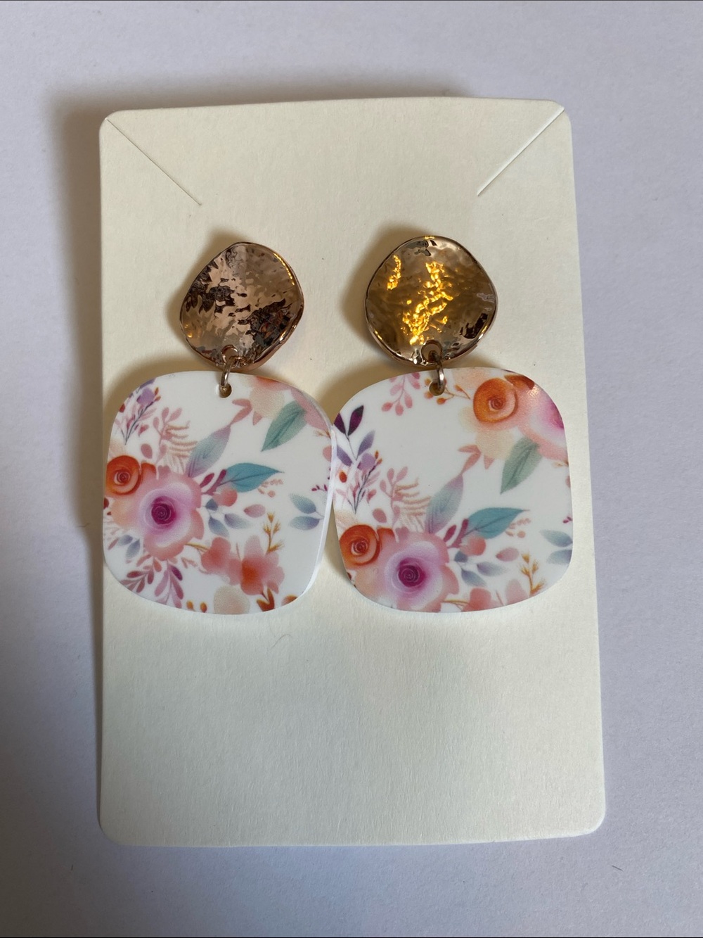 Floral Print Drop Earrings with Gold Accents - Pink & Coral